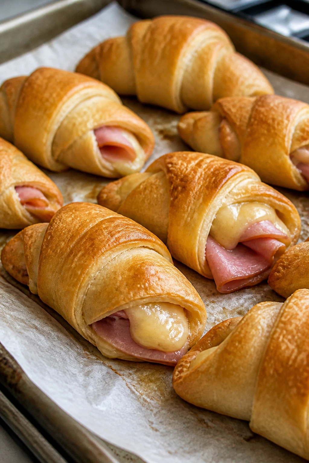 Golden ham and cheese crescent roll-ups on parchment in a warm kitchen