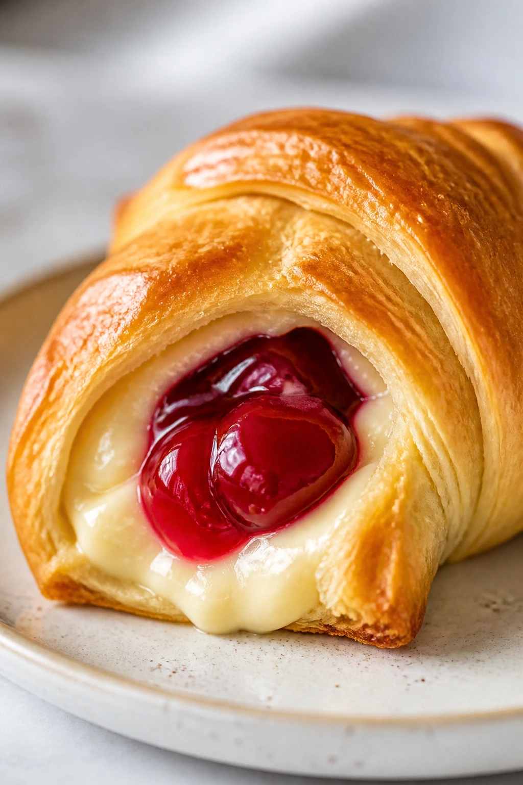 Close-up of a cherry cheesecake crescent roll.