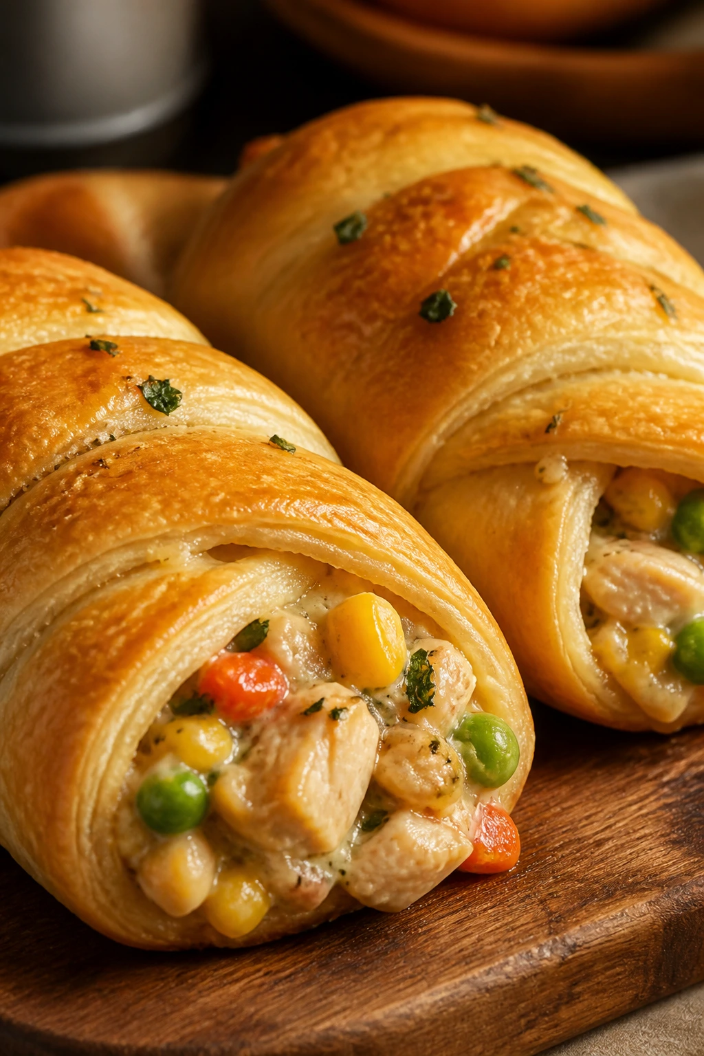 Close-up of crescent rolls filled with chicken and vegetables