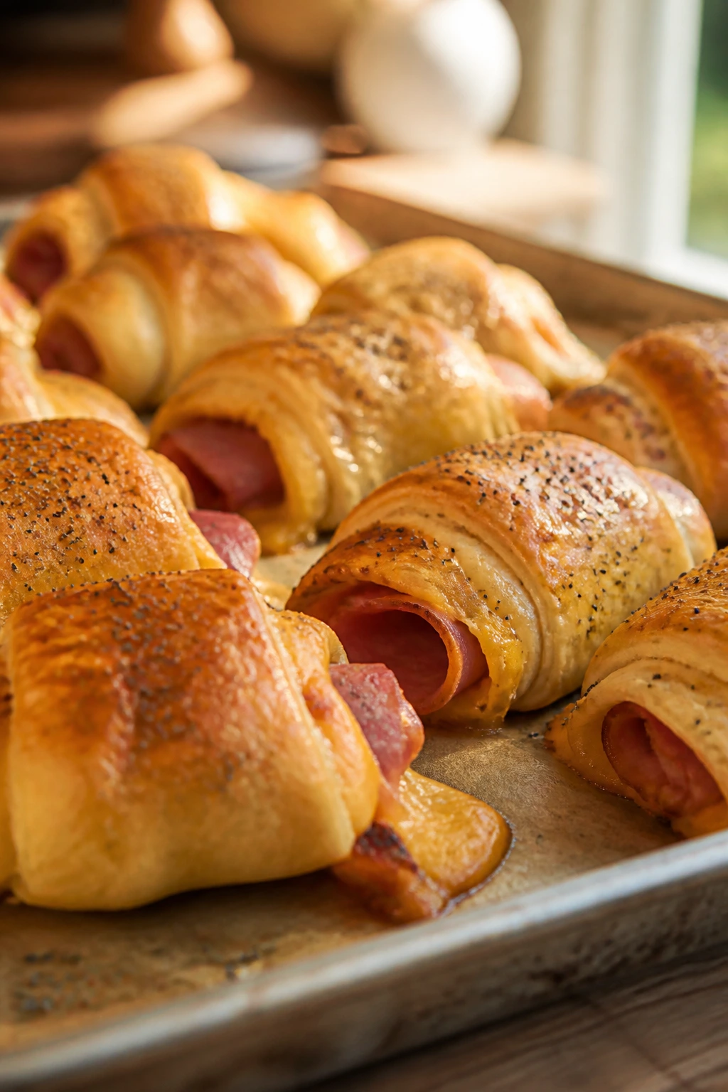 Close-up of ham and cheese crescent roll-ups on a baking sheet