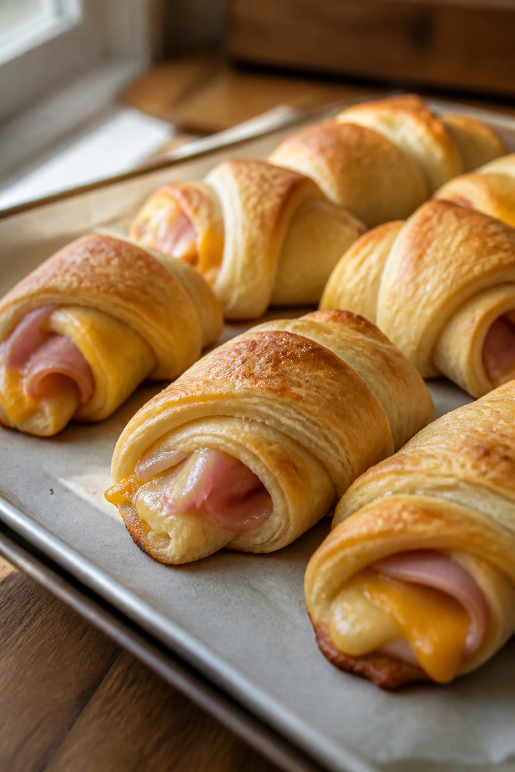 Close-up of ham and cheese crescent roll-ups on parchment in a warm kitchen