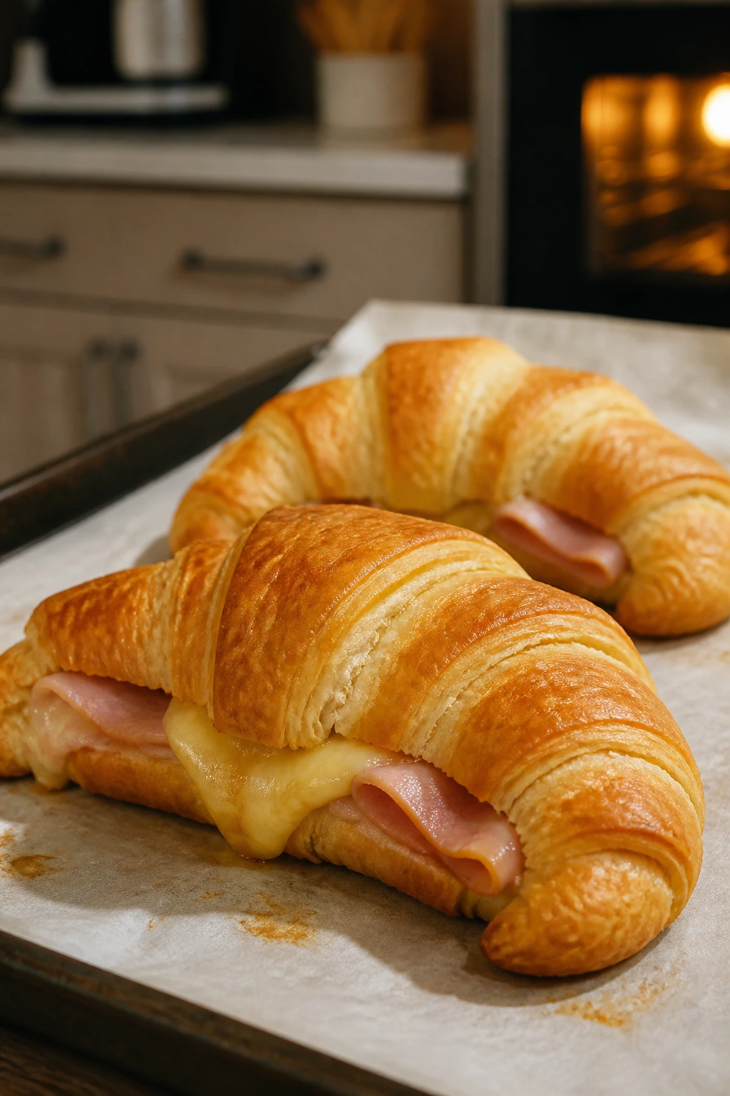 Golden ham and cheese crescent rolls on parchment in a kitchen