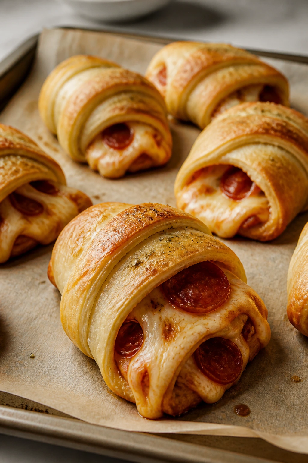 Close-up of pizza-stuffed crescent rolls freshly baked