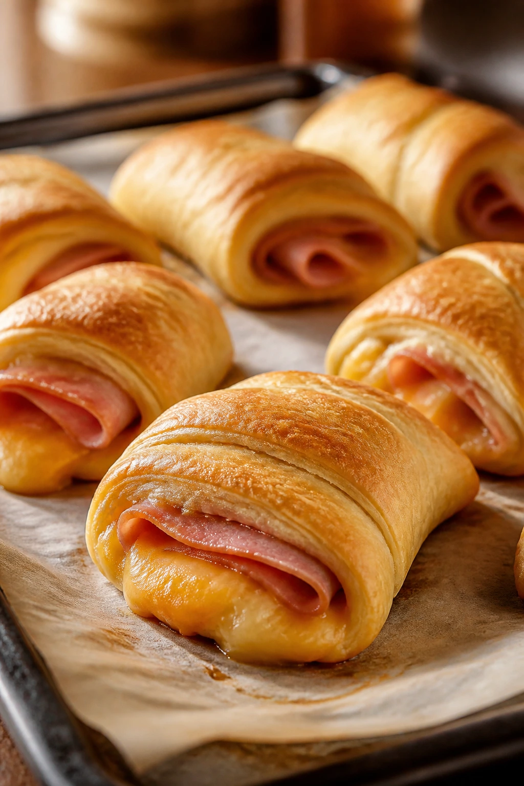 Butterly ham and cheese crescent roll-ups fresh from the oven