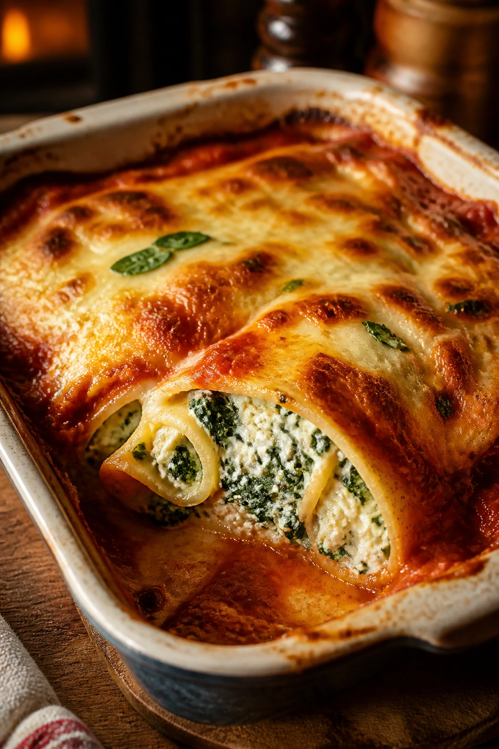 Close-up of spinach and ricotta crespelle bake bubbling in a baking dish