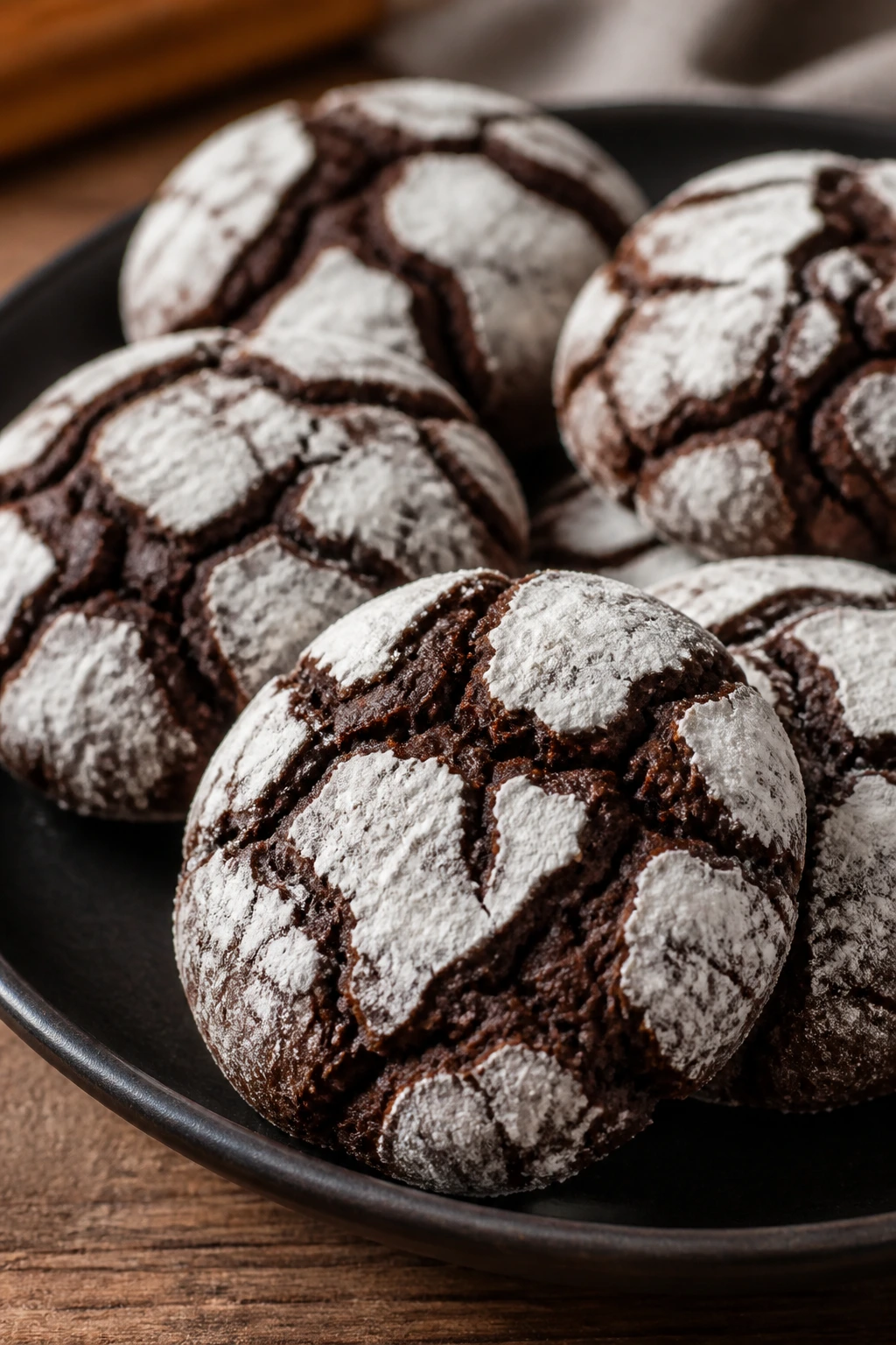 Close-up of chocolate crinkle cookies with crackled tops on a dark plate