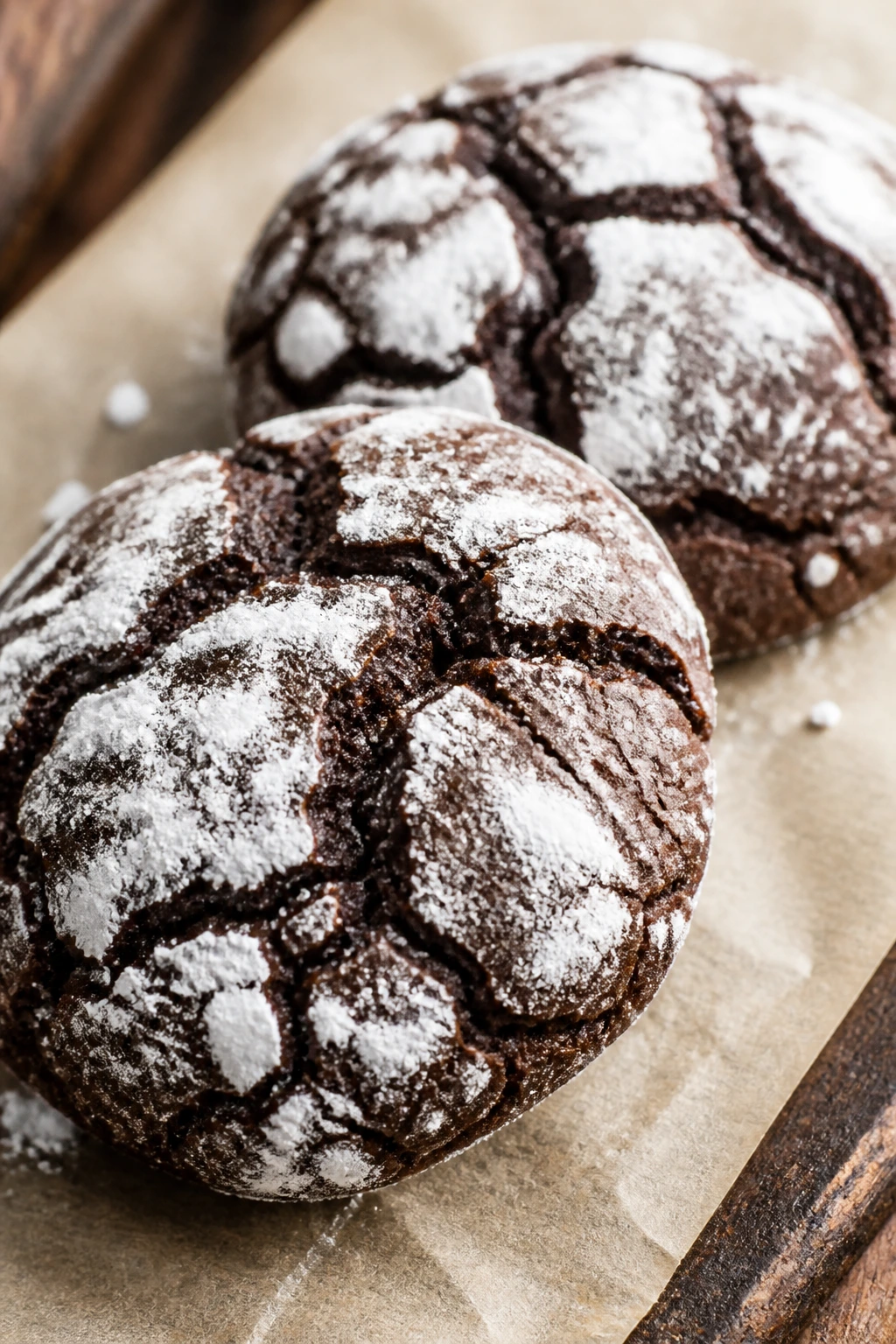 Close-up of a double chocolate crinkle cookie with powdered sugar crackle on a dark surface