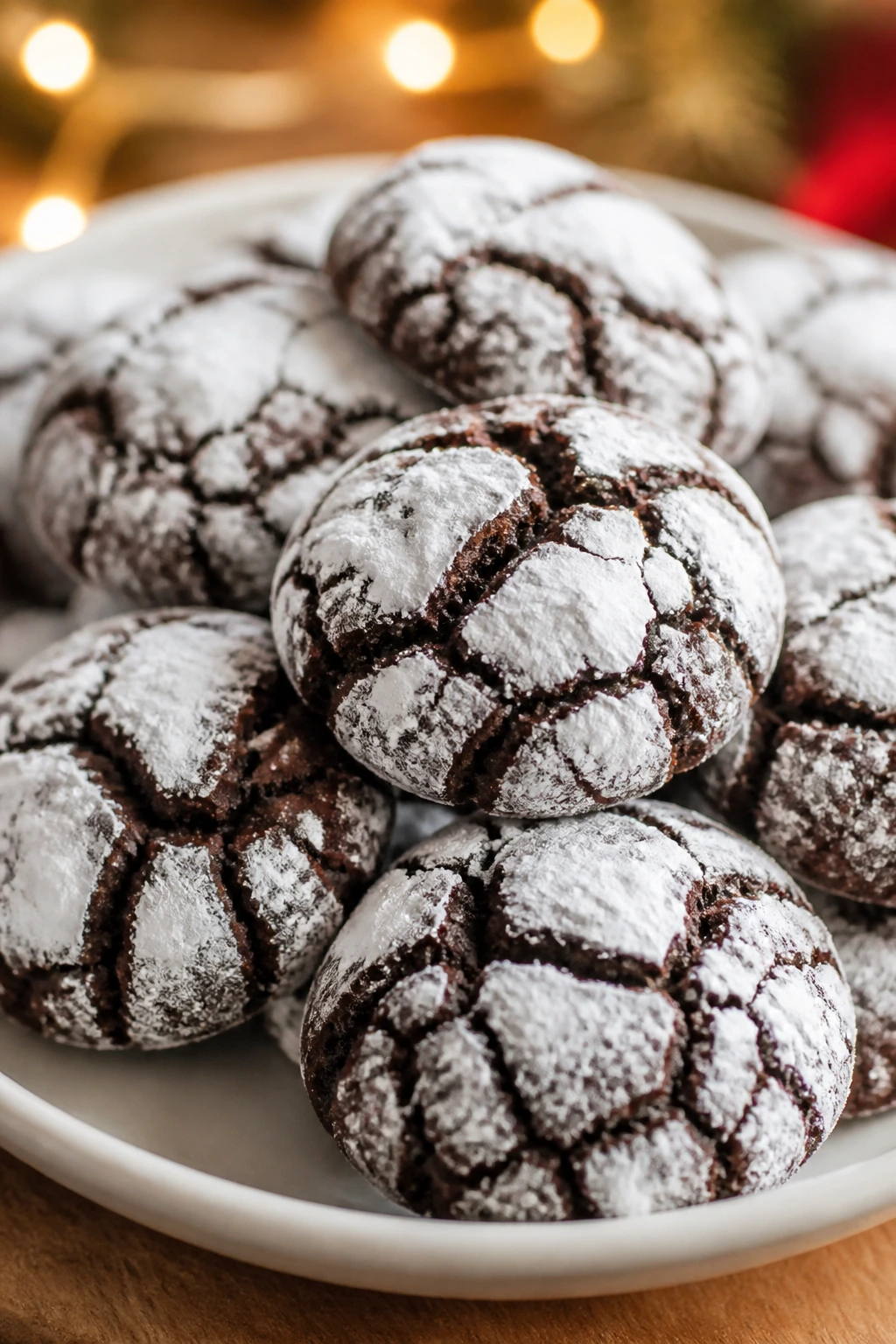 Close-up of peppermint chocolate crinkle cookies with snowy tops