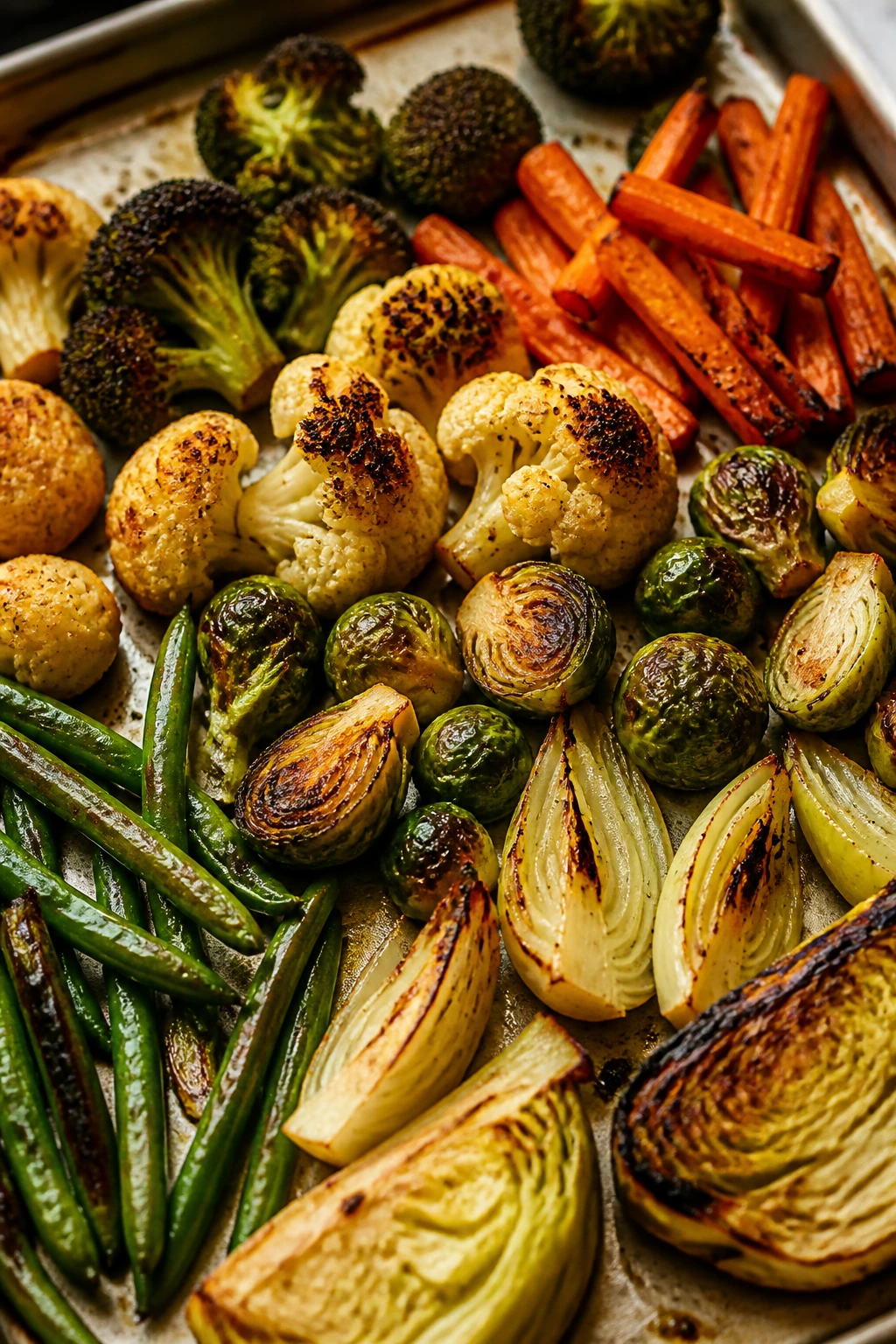 Close-up of mixed vegetables browning on a sheet pan in a kitchen