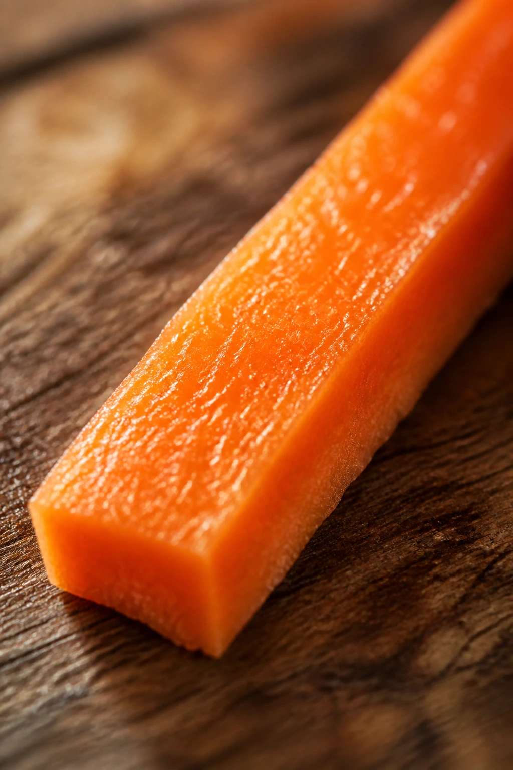 Extreme close-up of a crisp carrot stick showing textured surface on a wooden board