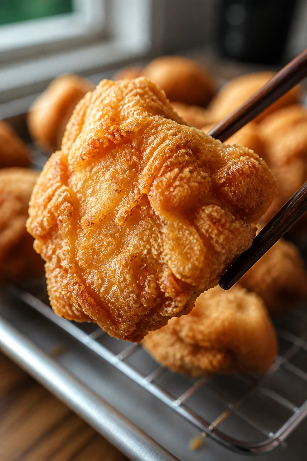 Close-up of a dry, crackly crust on a golden chicken bite