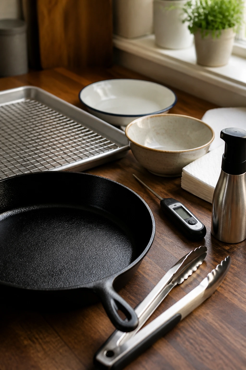 Close-up of essential cookware for crisp chicken on a kitchen counter