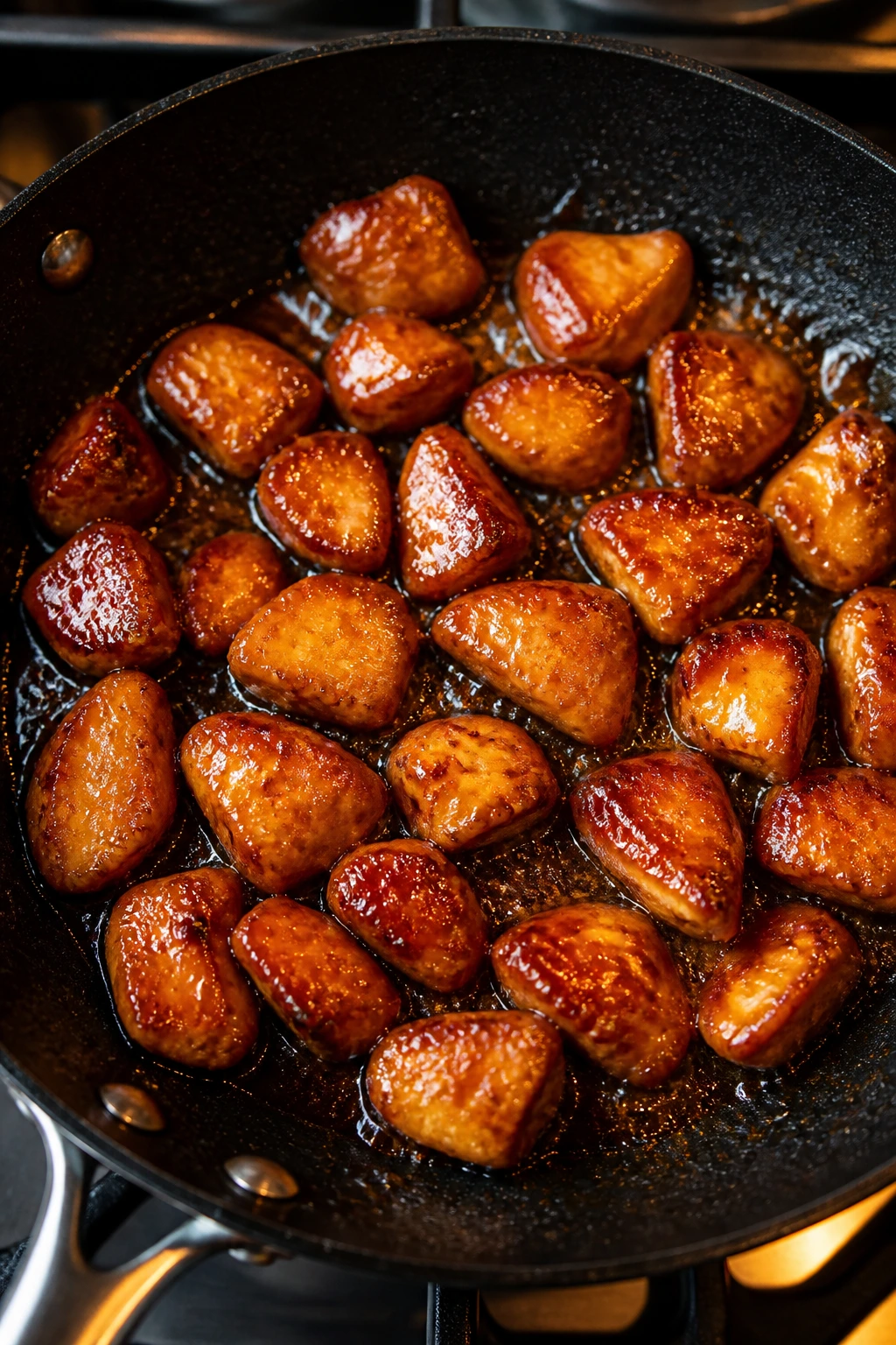 Chicken pieces with lacquered glaze browning in a hot skillet
