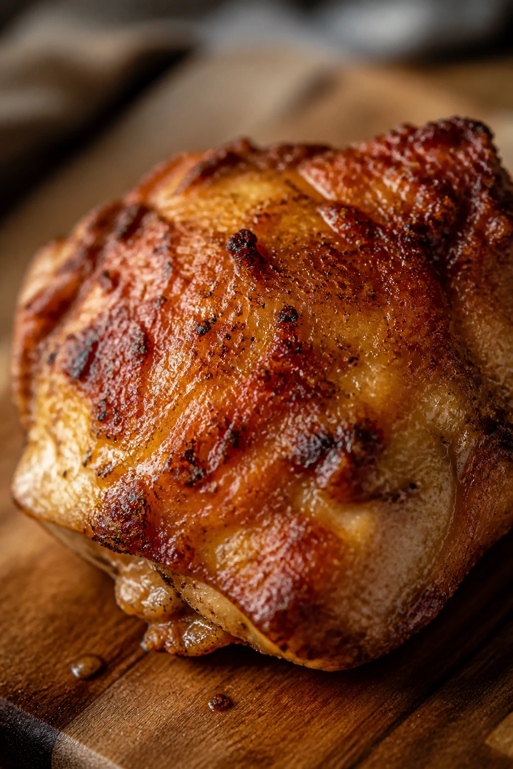 Crispy air-fried chicken thigh with textured coating on wood board