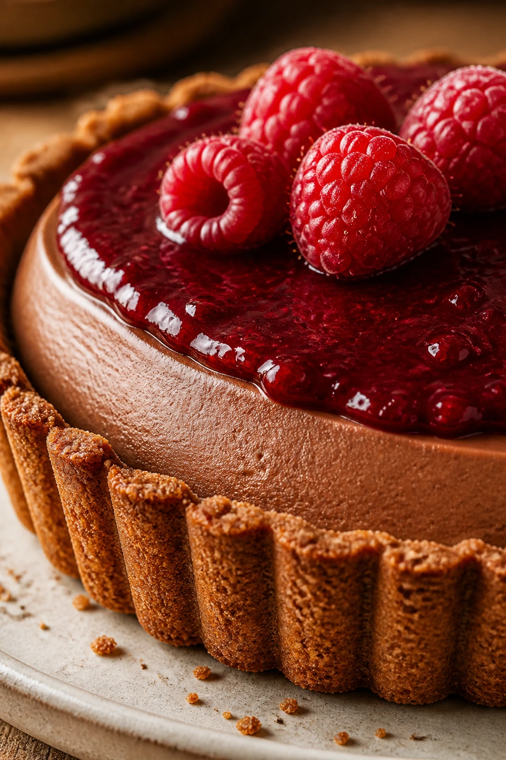 Tart close-up showing crisp crust, whipped chocolate filling, and raspberry top