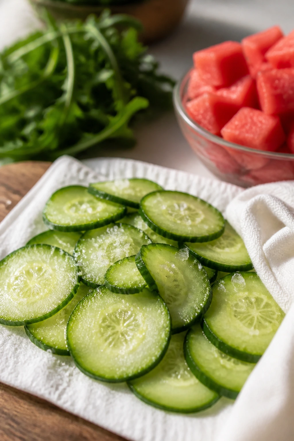 Cucumber slices salted and dried to prevent soggy salad leaves