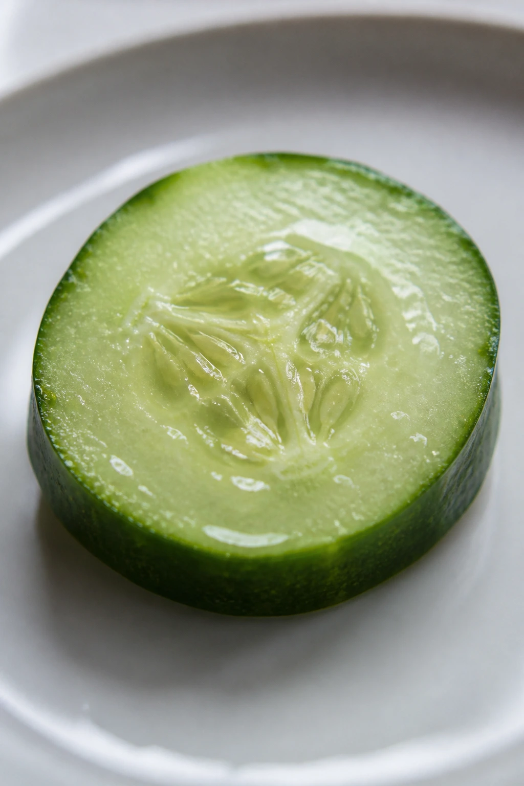 Crisp cucumber slice centered on plate showcasing texture