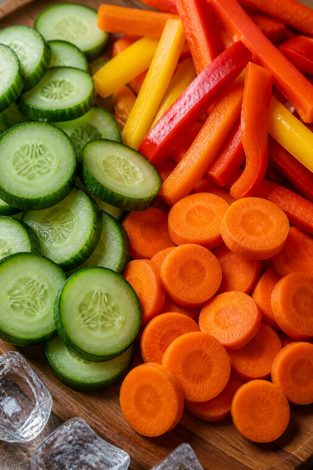 Close-up of crisp cucumbers, carrots, and peppers on a wooden board with ice