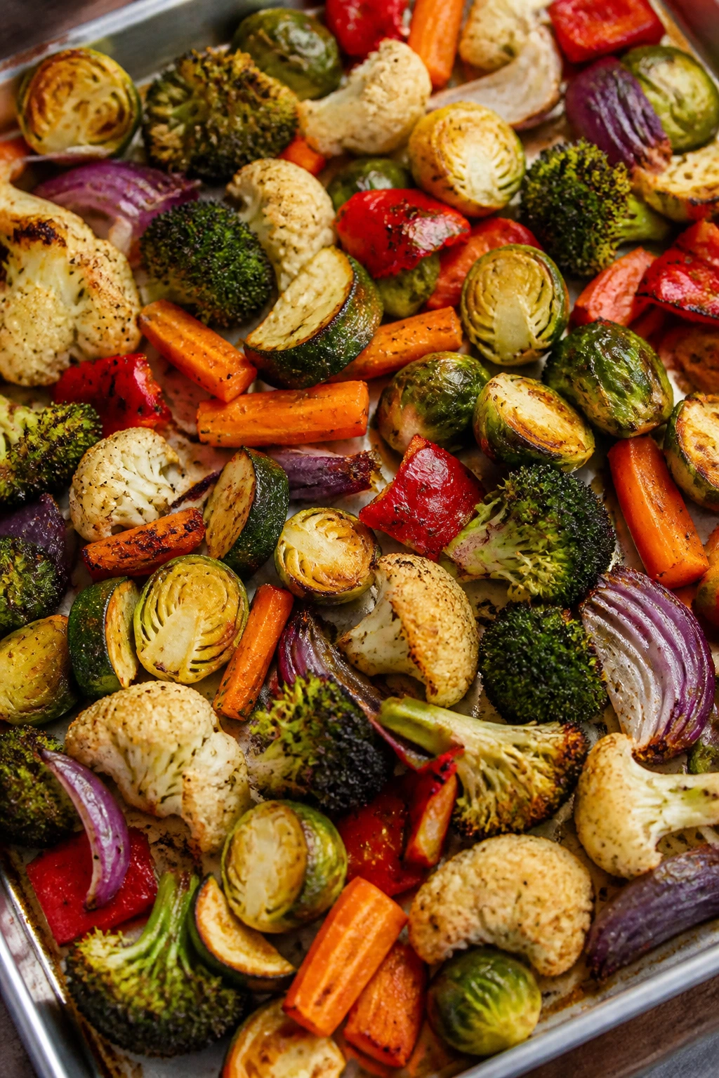 Colorful roasted vegetables with crisp edges on a baking sheet in a sunlit kitchen
