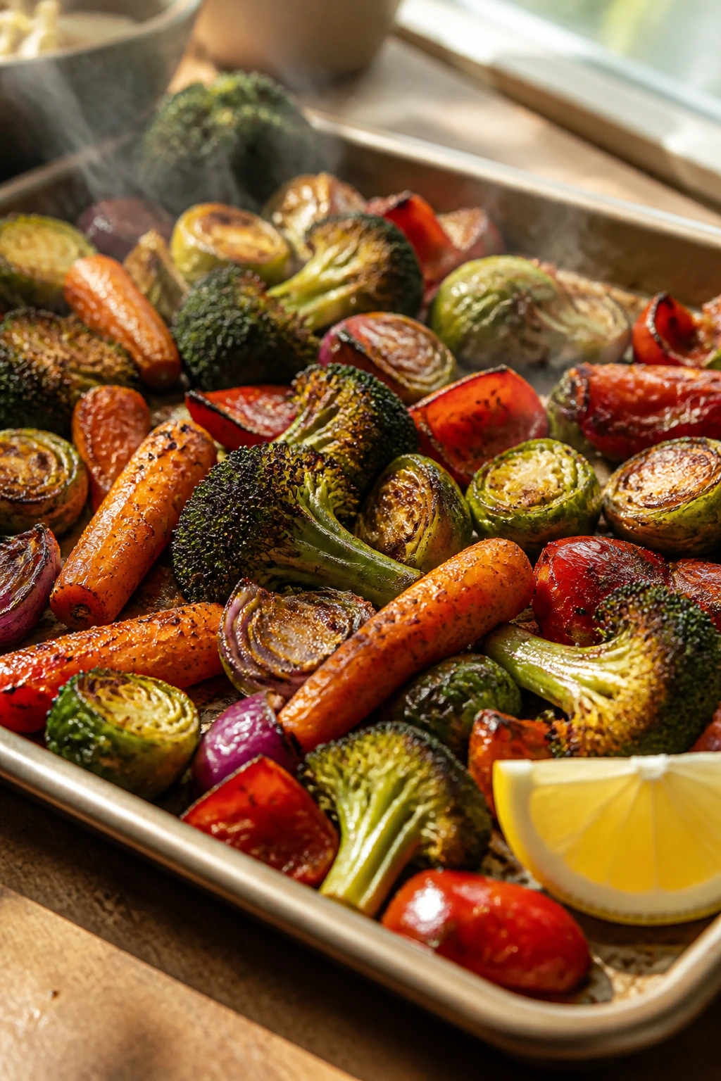 Close-up of browned, crisp roasted vegetables on a sheet pan with a lemon wedge