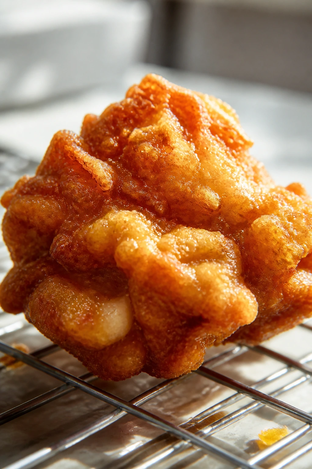 Macro close-up of crisp fried chicken showing crackling crust