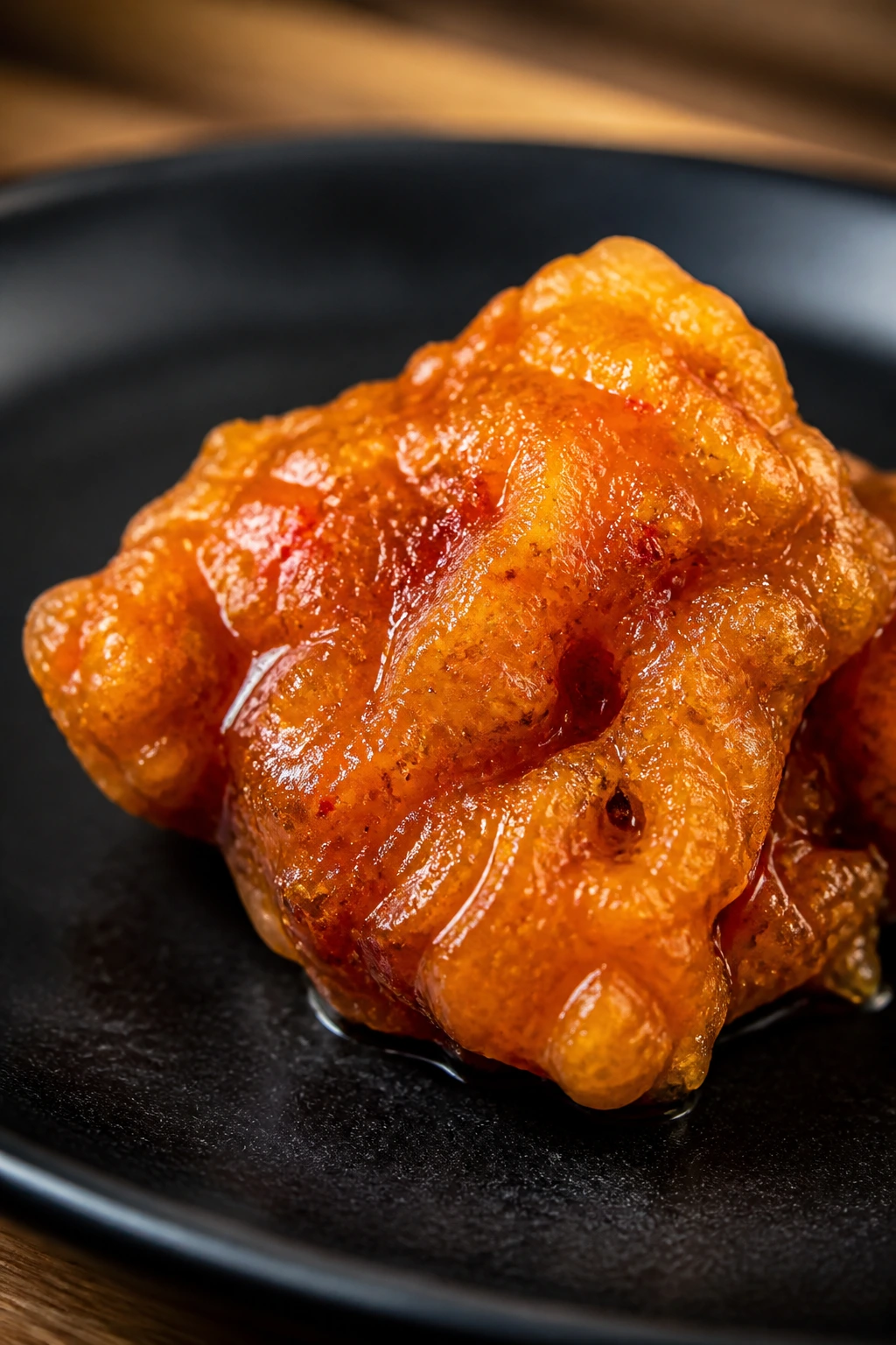 Macro of a crisp fried coating with glossy finish on a plate