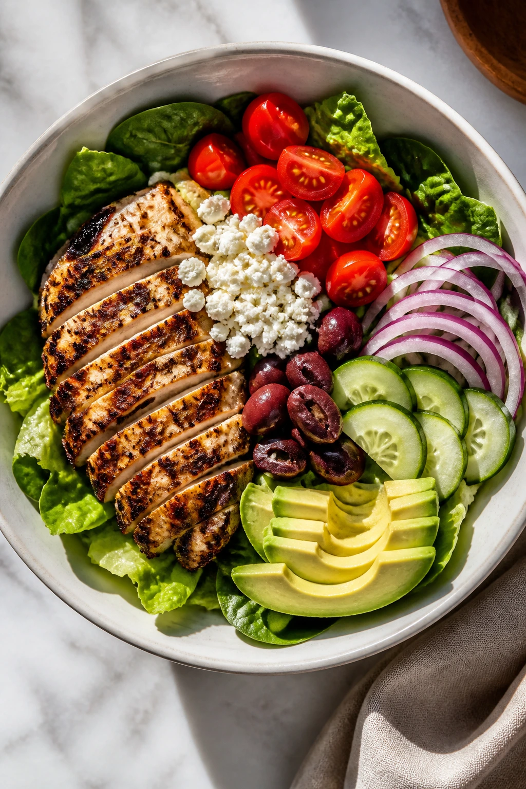 Top-down view of salad bowl showing crisp greens and layered toppings