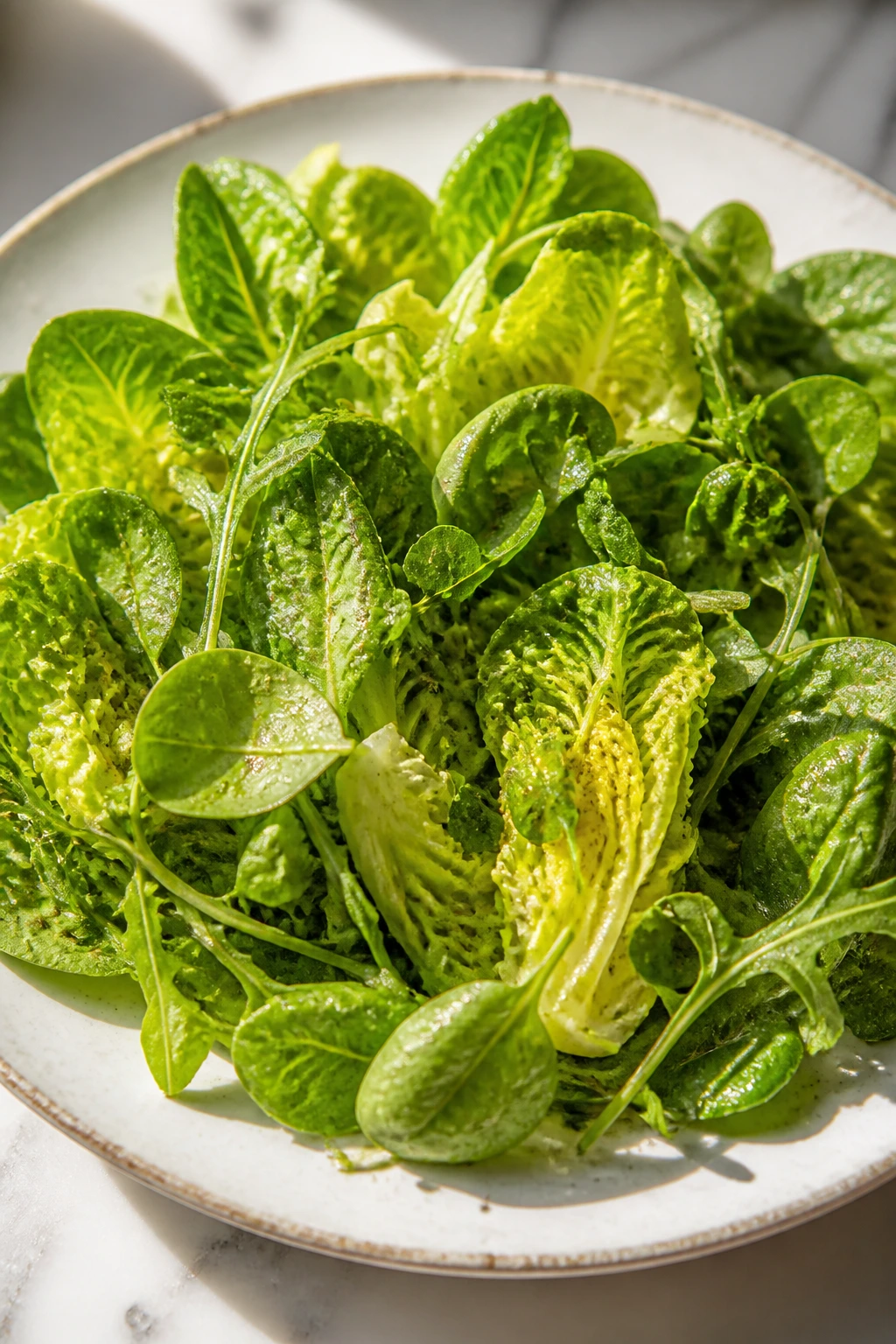 Crisp mixed greens with light vinaigrette on a plate