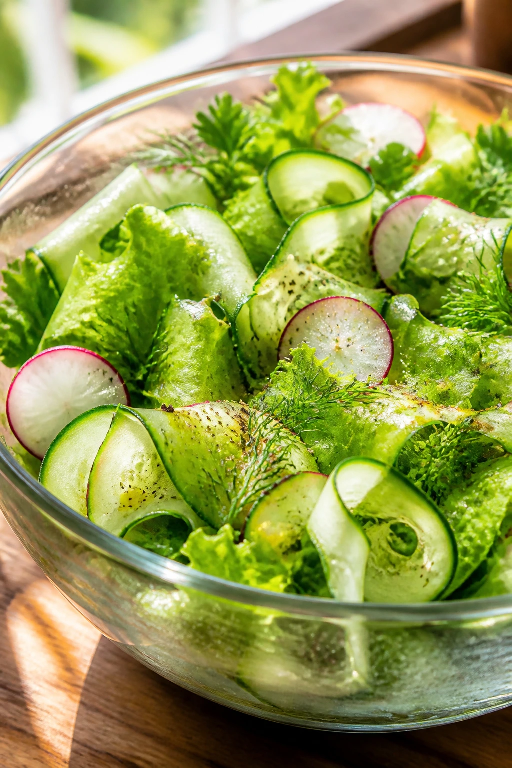 Close-up of crisp greens with cucumber and radish in a light-dressed salad