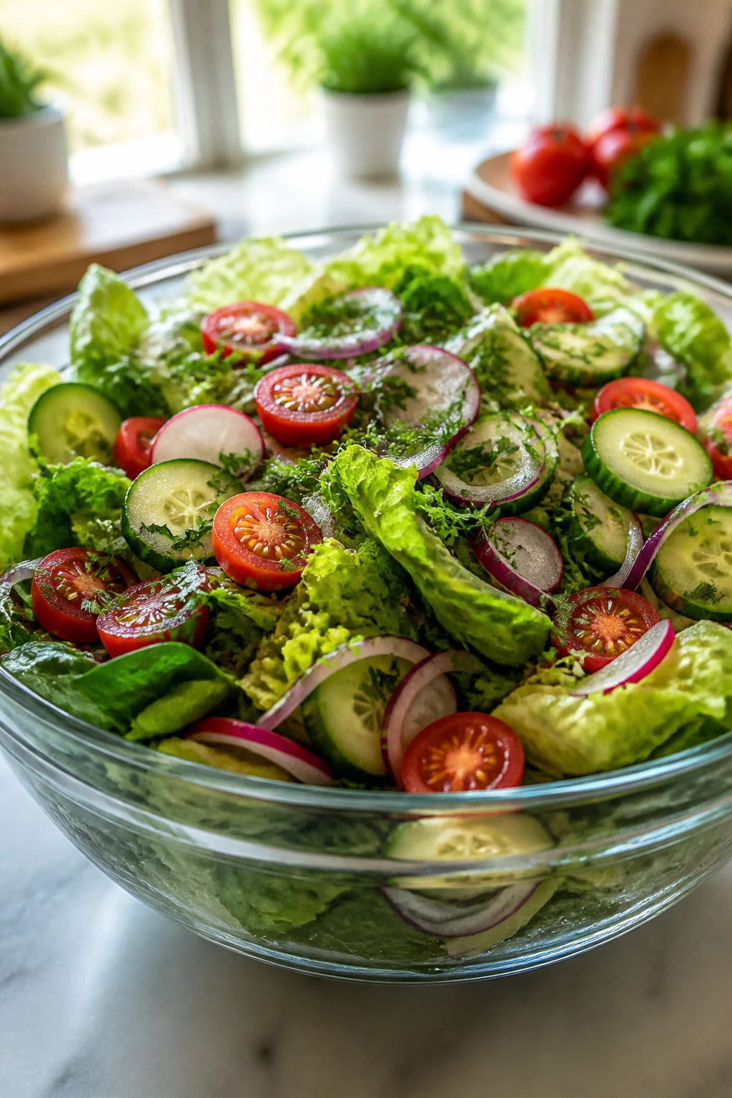 Close-up of crisp greens with cucumber, tomato, radish, onion, dill and parsley in a glass bowl