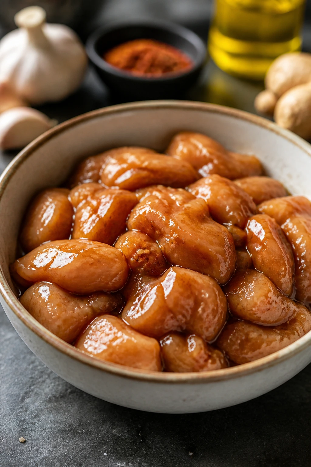 Marinated chicken pieces in a glossy sauce in a small bowl