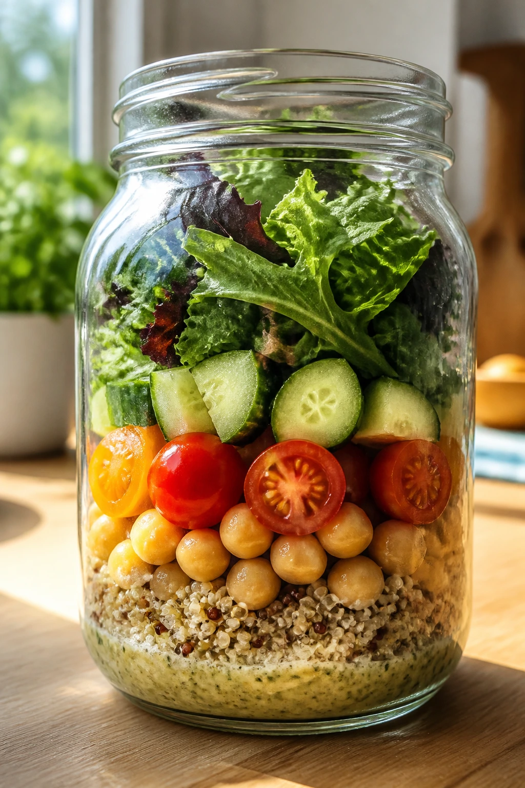 Close-up of crisp greens and vegetables in a mason jar with bright kitchen light