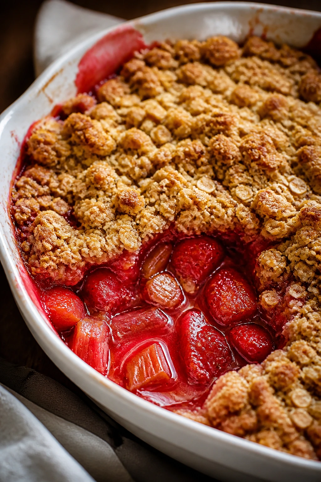 Baking dish with strawberry rhubarb crisp and oat topping