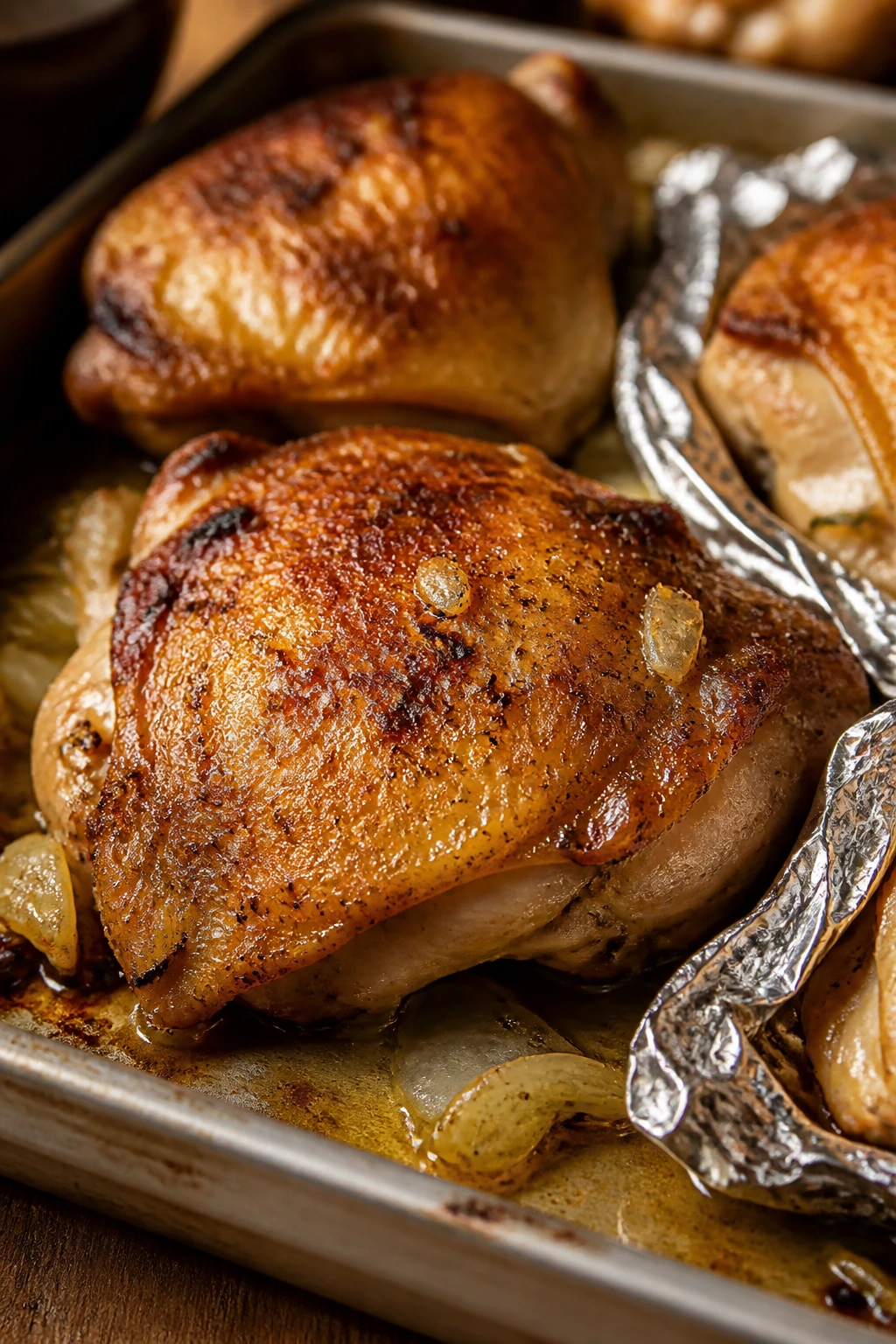 Chicken thigh dominating frame with foil packets on pan, suggesting crisp skin gear