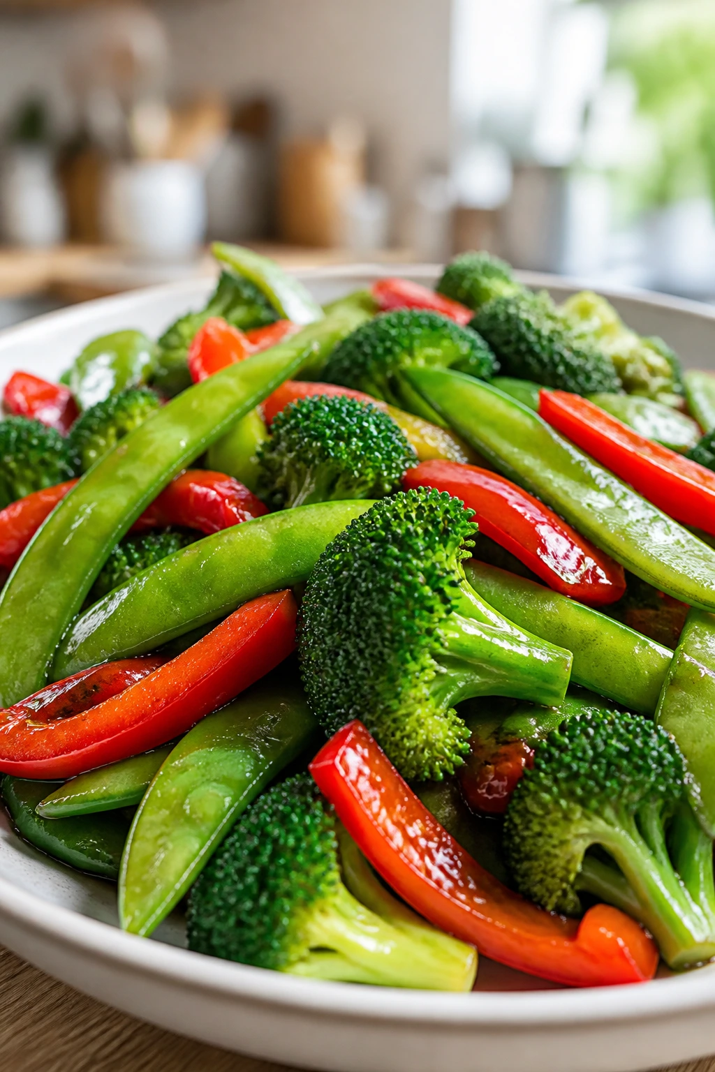 Crisp broccoli, snap peas, and peppers in a glossy stir-fry