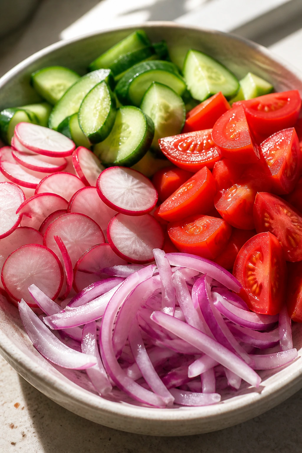 Crisp cucumber, tomato, radish, and red onion in a bowl with bright textures.