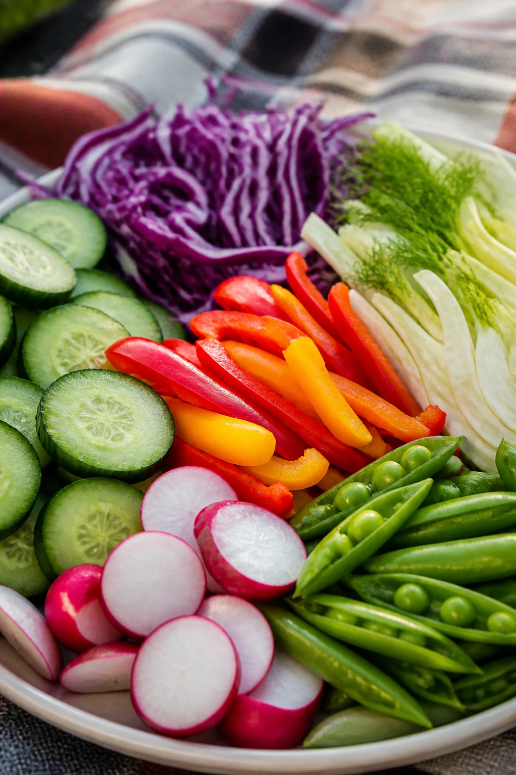 Close-up of crisp vegetables arranged on a plate for a picnic