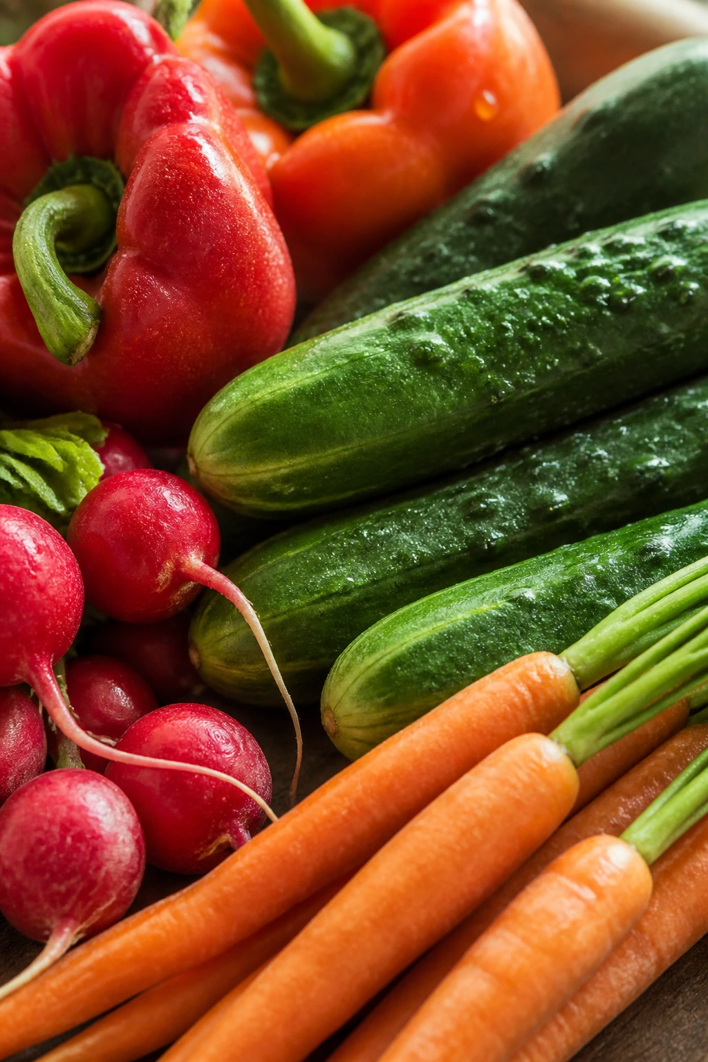 Close-up of crisp cucumbers, peppers, radishes, and carrots highlighting texture and freshness.