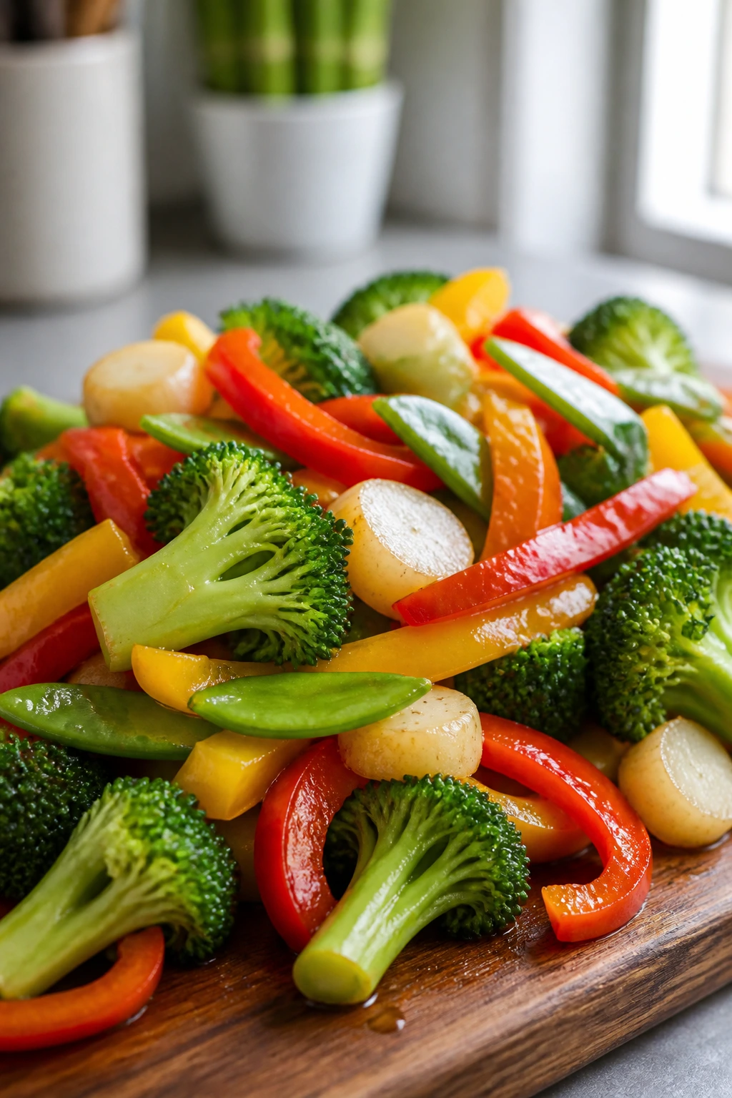 Vibrant crisp vegetables on a wooden board with a glossy finish