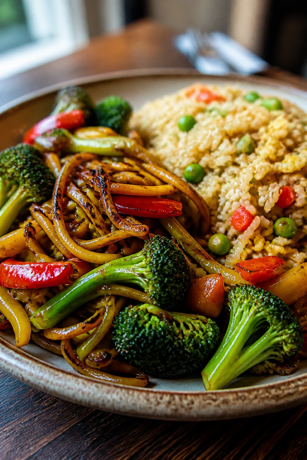 Plate of crisp vegetables, noodles, and fried rice with bright, firm textures.