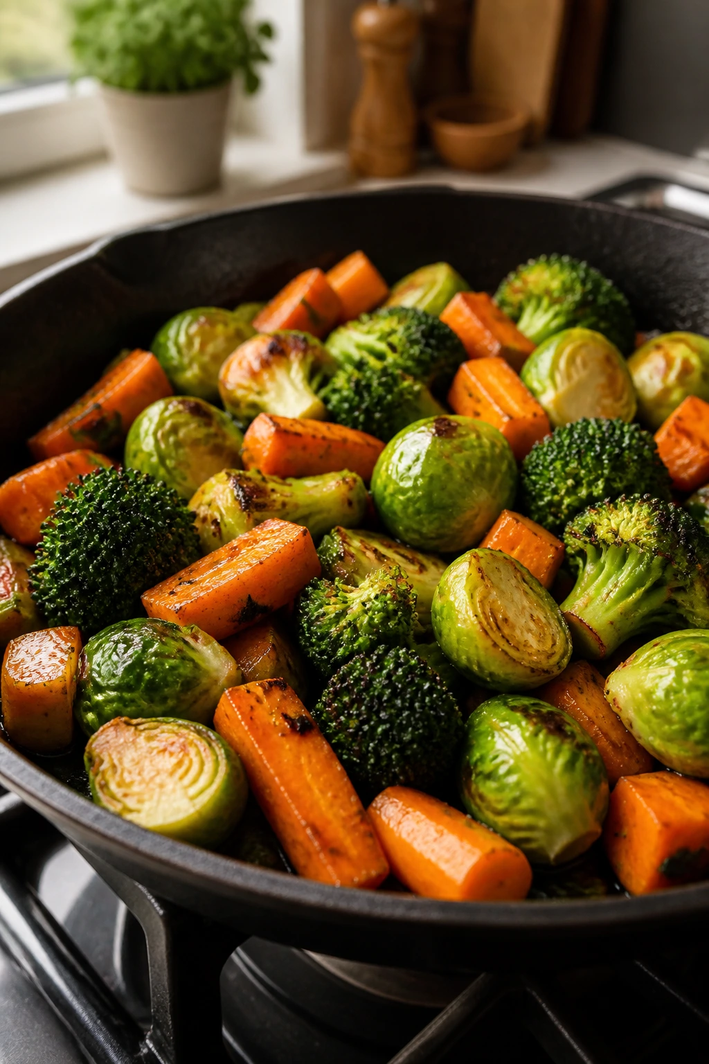 Crisp vegetables like carrots and broccoli searing in a hot pan