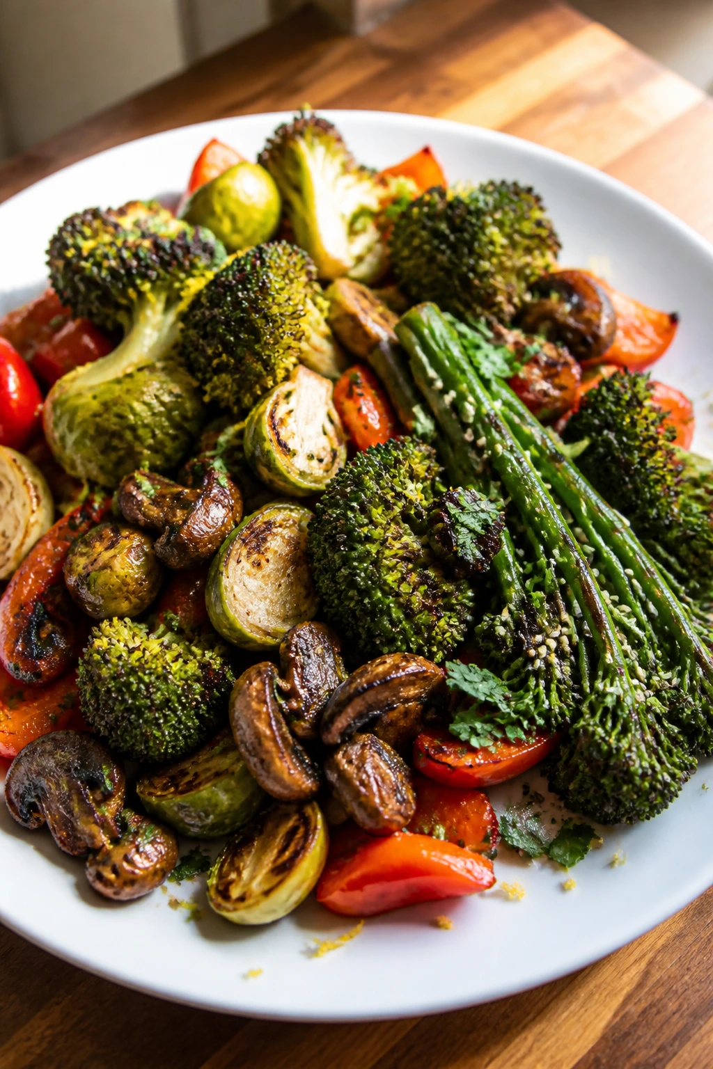 Close-up of crisp vegetables piled on a warm plate ready to serve