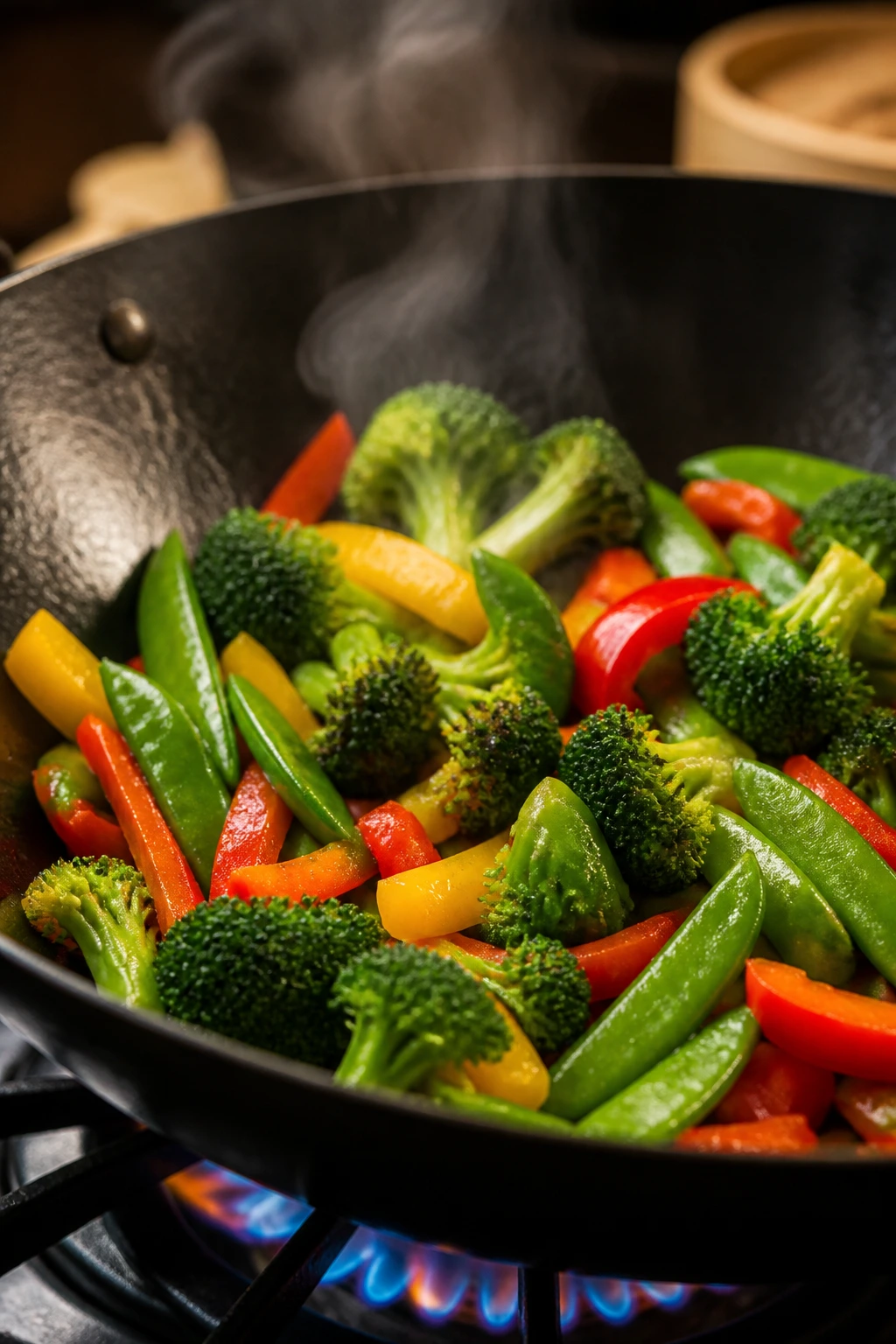 Vibrant stir-fried vegetables with crisp edges in a wok