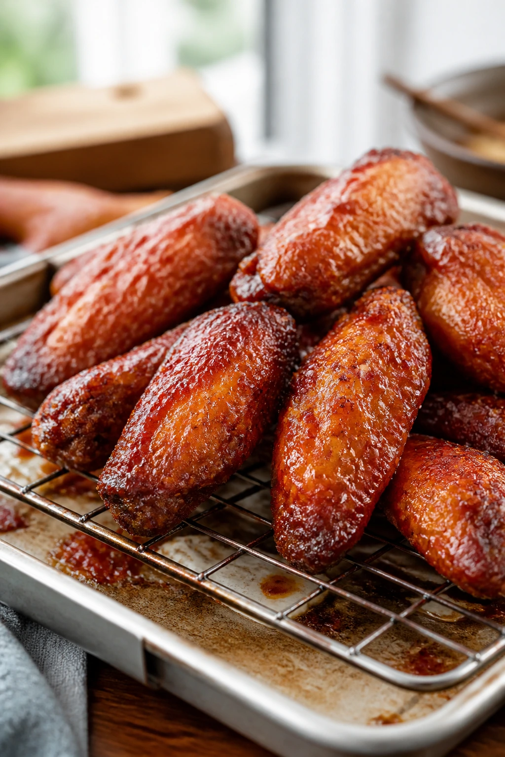 Crispy wings on a wire rack over a sheet pan in warm kitchen light