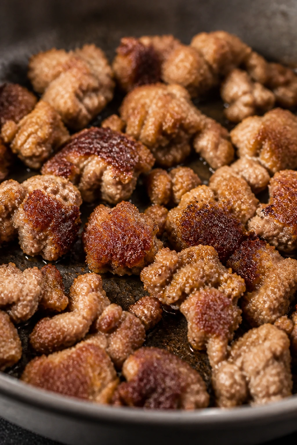 Crisped crumbled sausage pieces browning in a skillet
