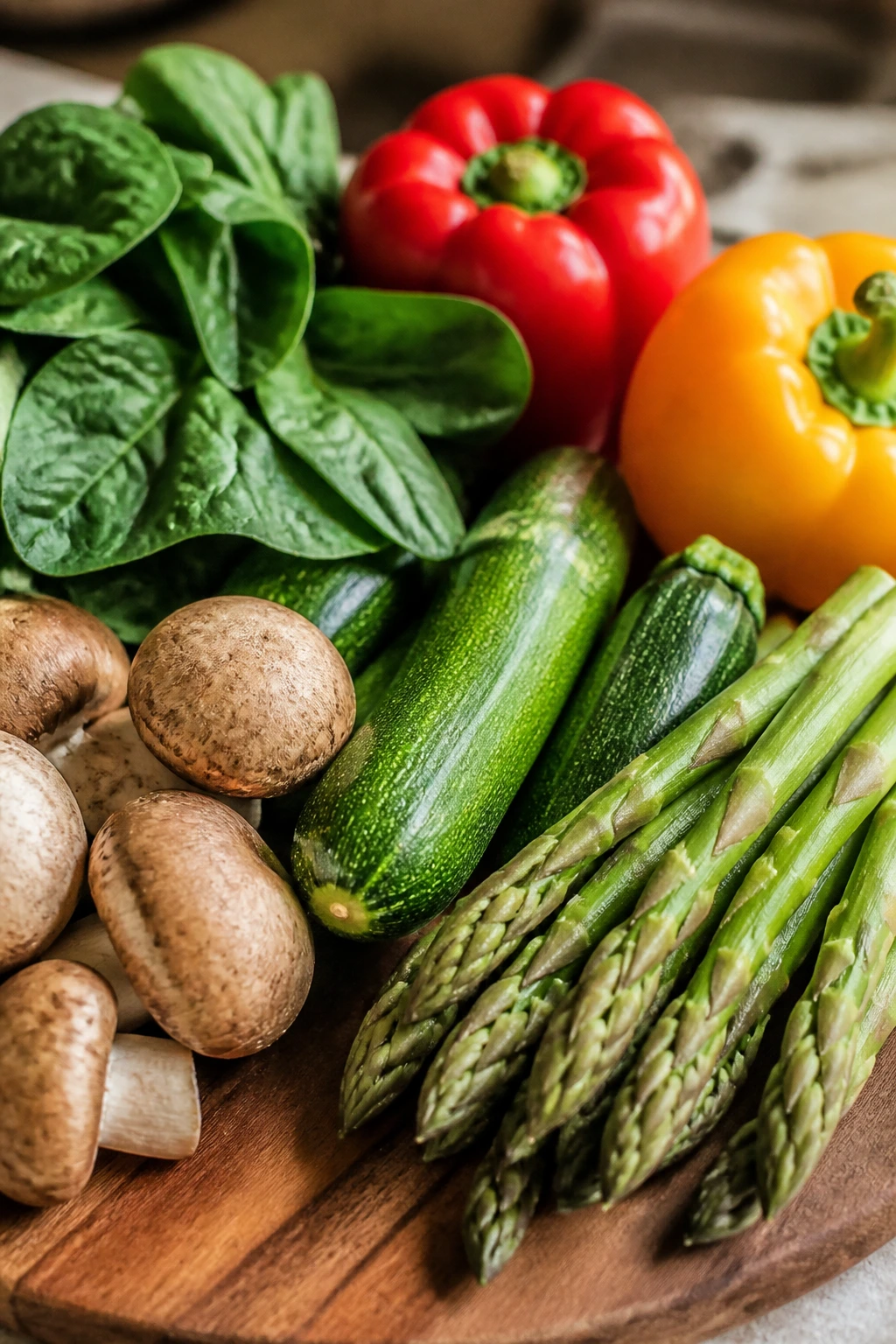 Crisp assortment of zucchini, mushrooms, peppers, asparagus and spinach on a cutting board