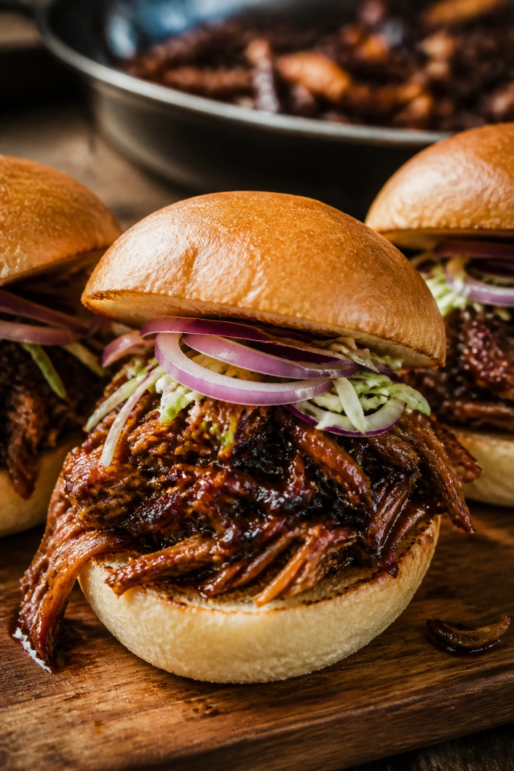 Close-up of crispy adobo chicken slider with cabbage and onion.
