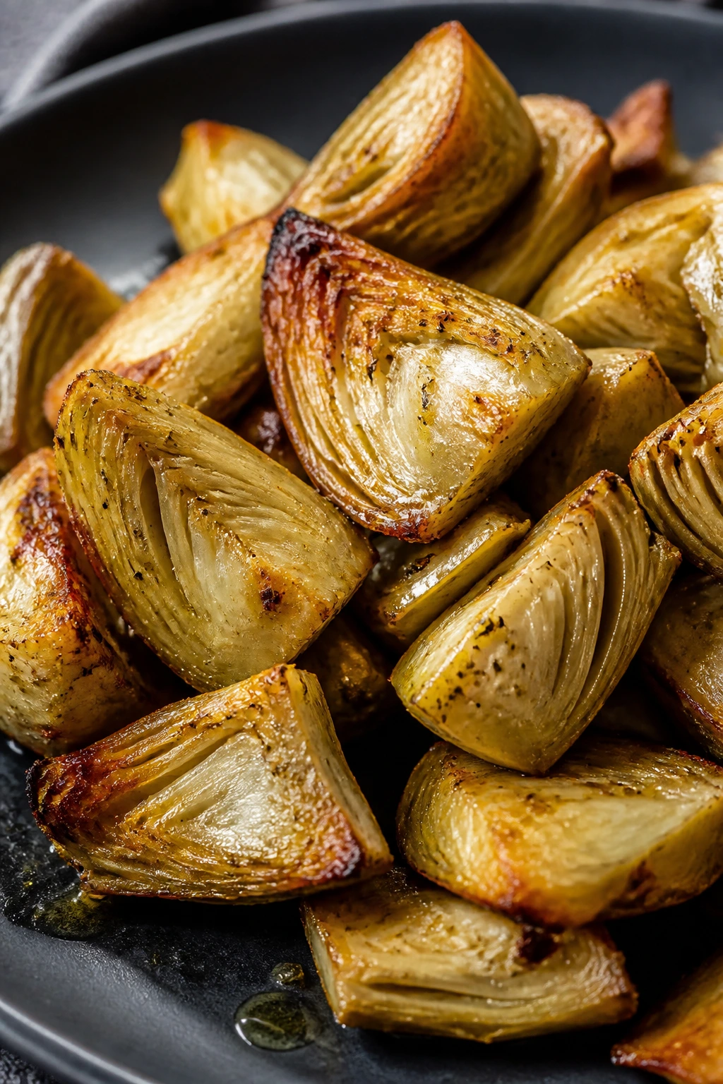 Crispy artichoke hearts on dark plate