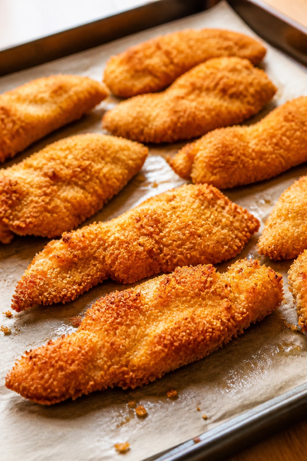 Close-up of crispy baked chicken tenders with golden crust