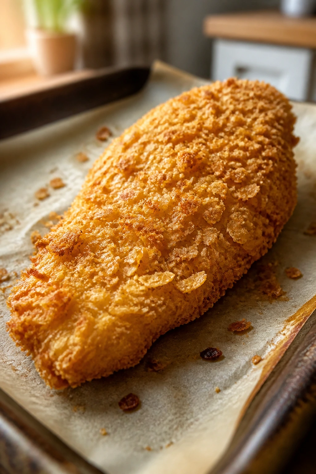 Close-up of a single crispy cornflake-crusted chicken tender on parchment